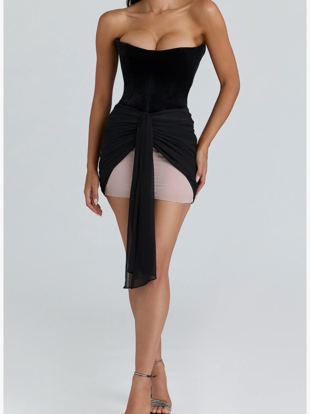 House of CB Black Draped Mini Dress with Nude Underlay